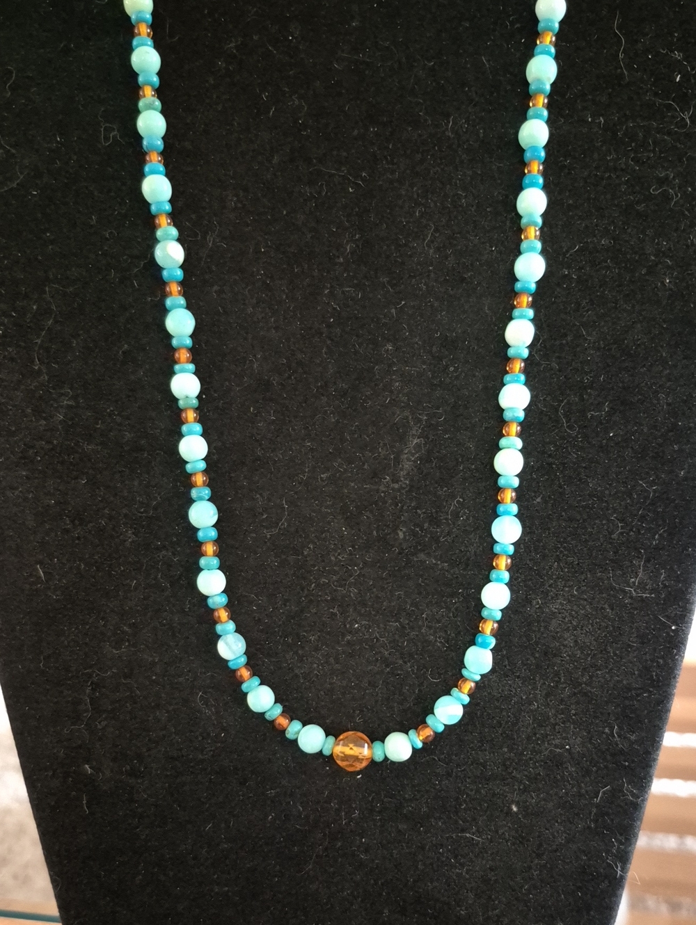 Handmade Blue Opal, Turquoise & Amber 22 Inch Beaded Necklace By Sapphireskies